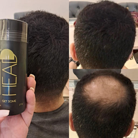 Image: "Before and after of hair fibers, displaying the transformational power of HEADD hair Fibers."